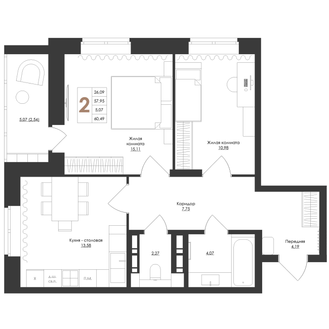 2-комн. квартира 60,49 м²