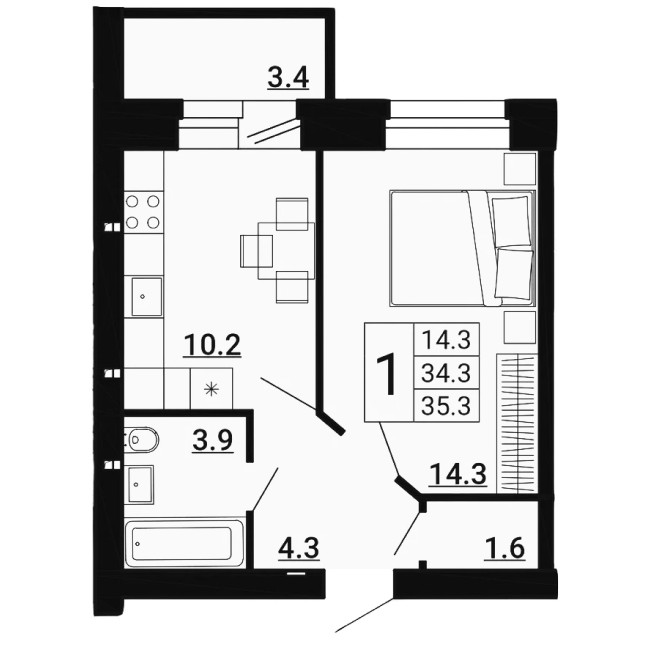 1-комн. квартира 35,30 м²