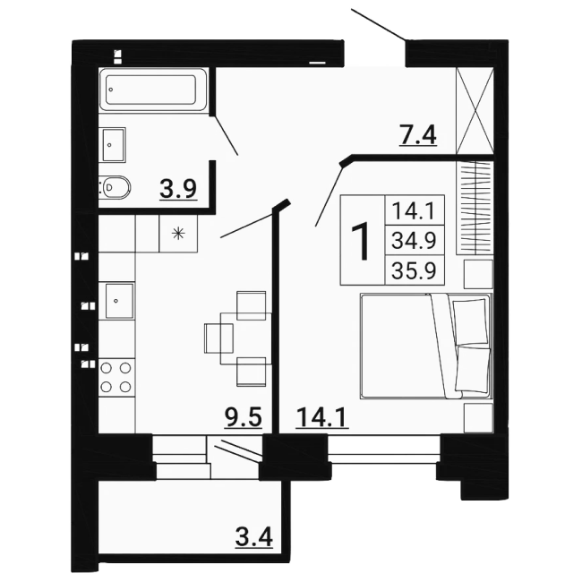 1-комн. квартира 35,90 м²