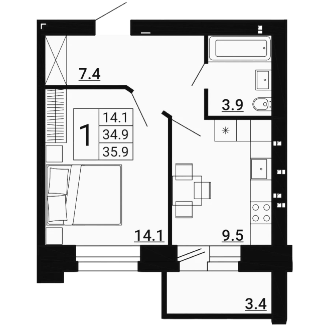 1-комн. квартира 35,90 м²