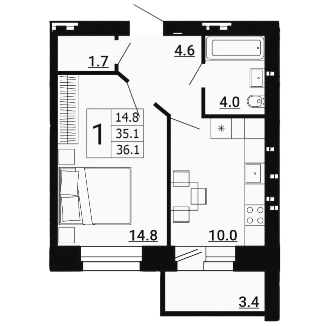 1-комн. квартира 36,10 м²