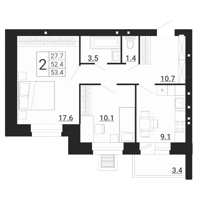 2-комн. квартира 53,40 м²