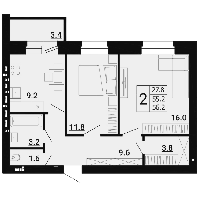 2-комн. квартира 56,20 м²