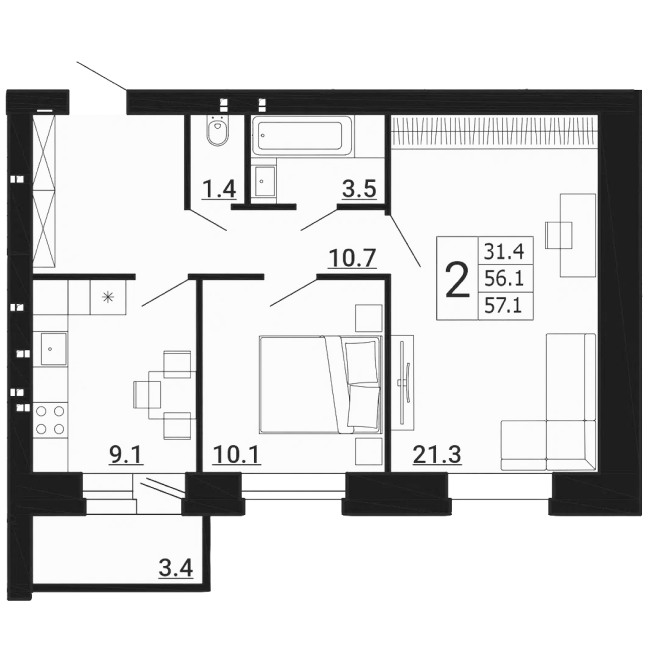 2-комн. квартира 57,10 м²