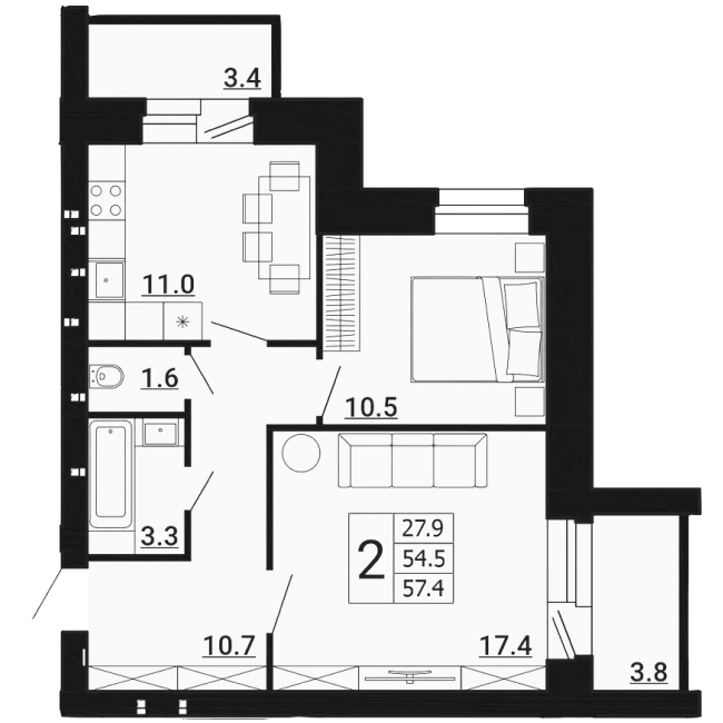 2-комн. квартира 57,40 м²