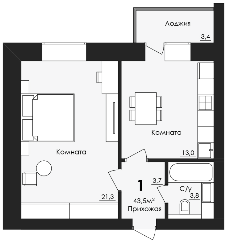 1-комн. квартира 43,5 м²