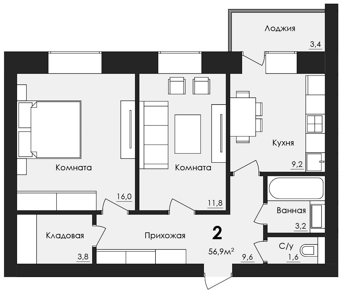 2-комн. квартира 56,9 м²