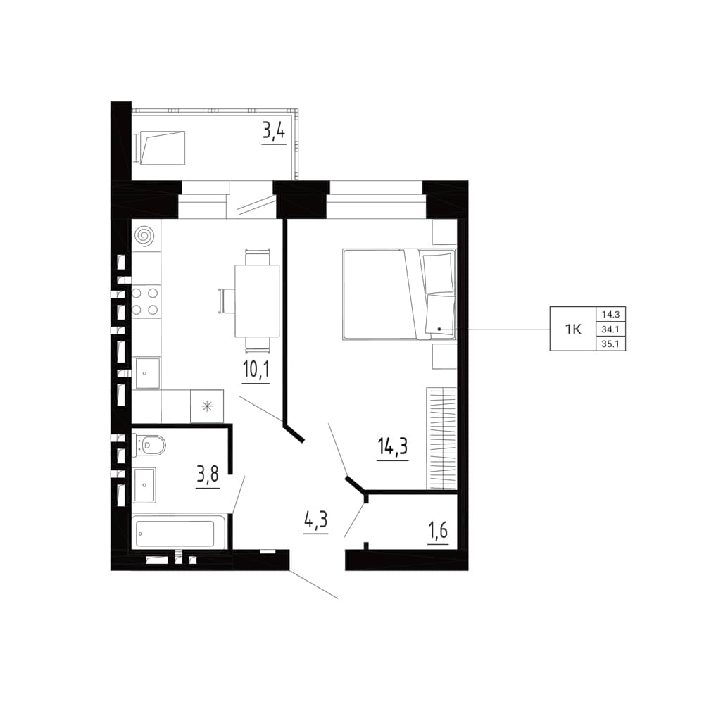 1-комн. квартира 35,1 м²