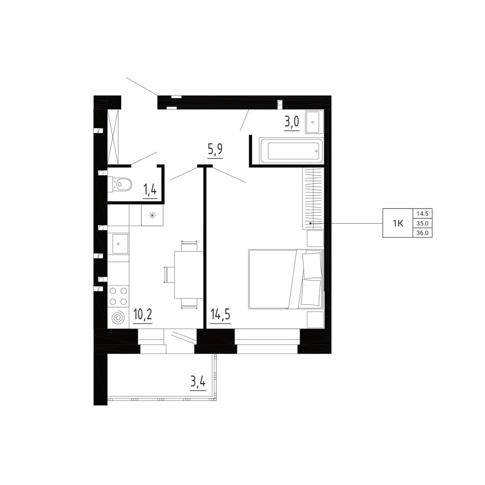 1-комн. квартира 36,0 м²