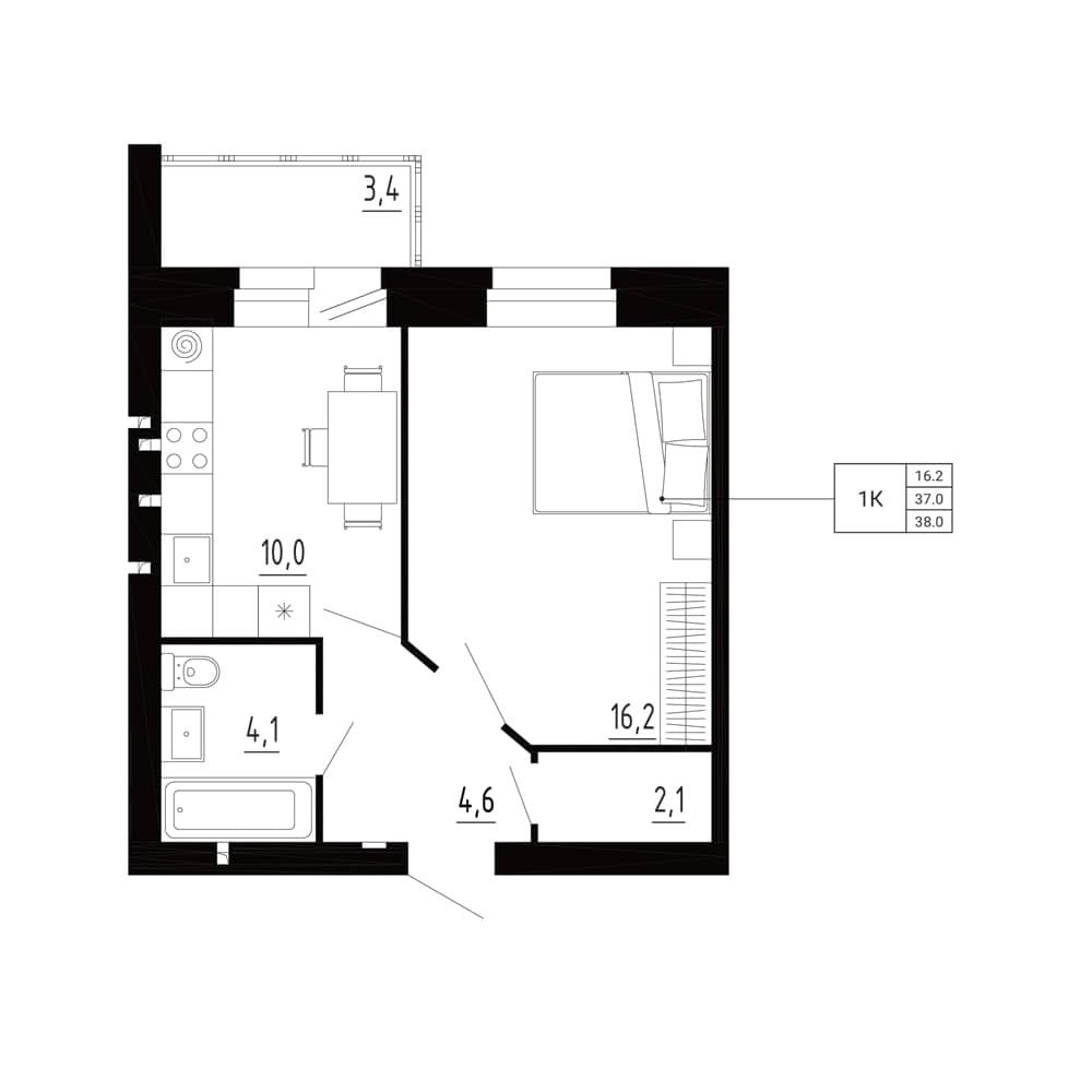 1-комн. квартира 38,0 м²