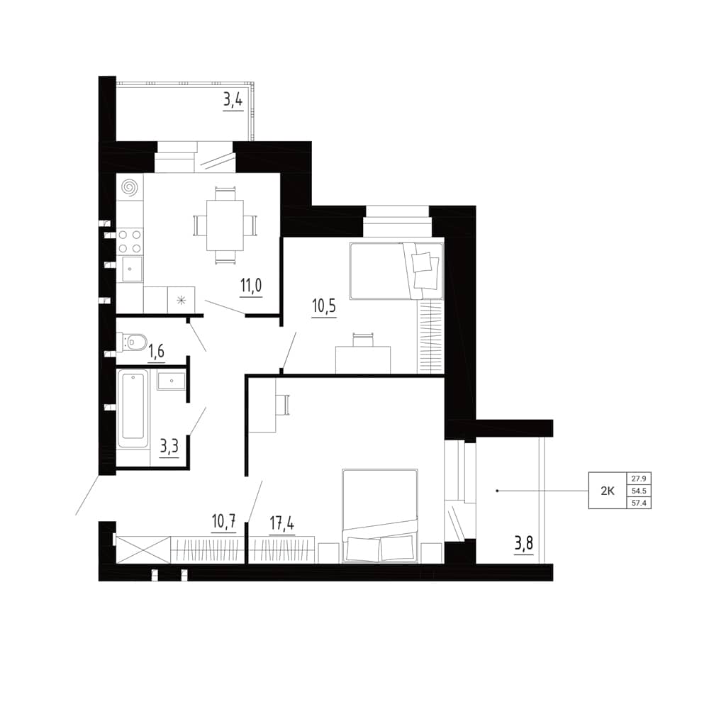 2-комн. квартира 57,4 м²