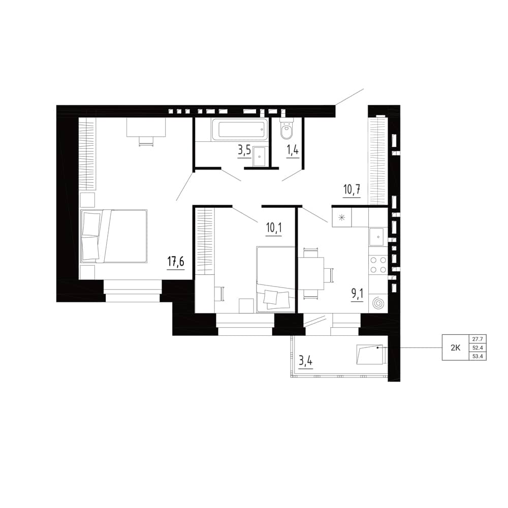 2-комн. квартира 53,4 м²