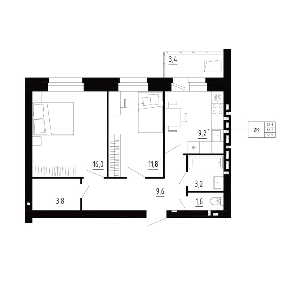 2-комн. квартира 56,2 м²