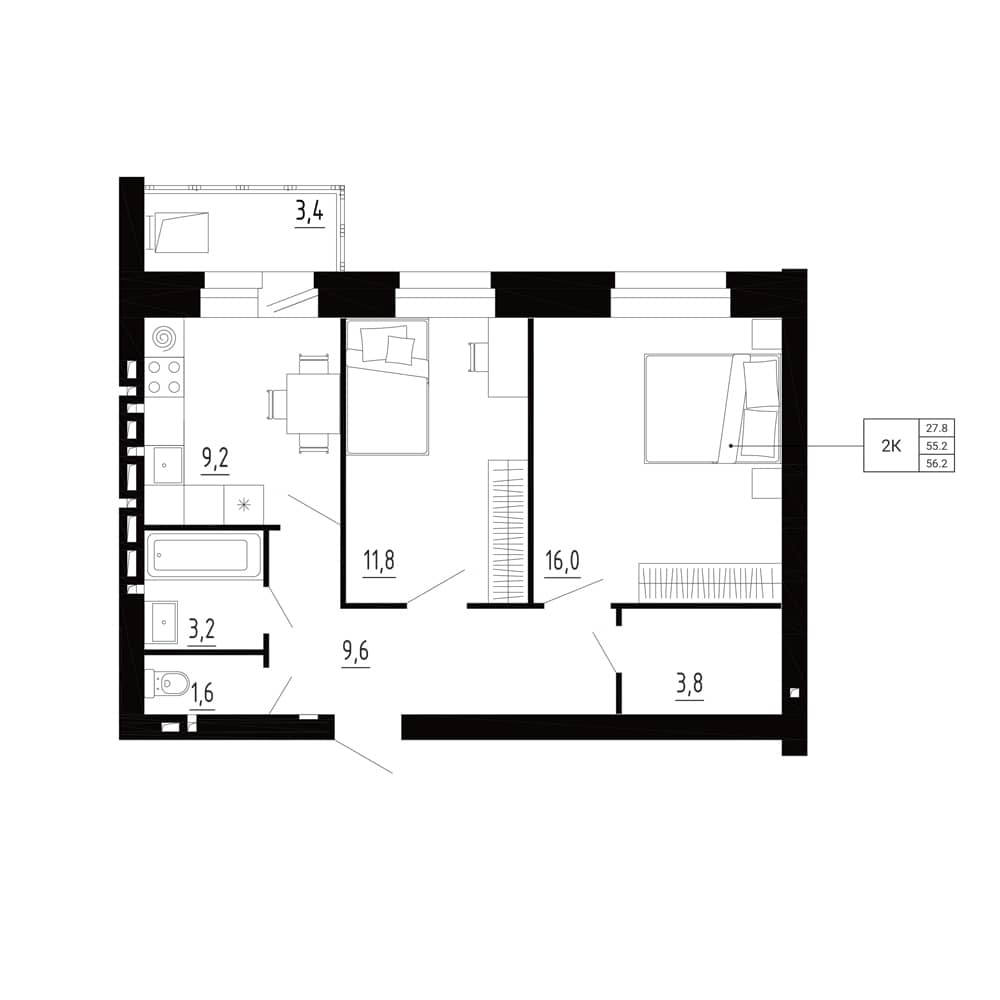 2-комн. квартира 56,2 м²