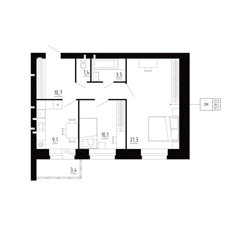 2-комн. квартира 57,1 м²